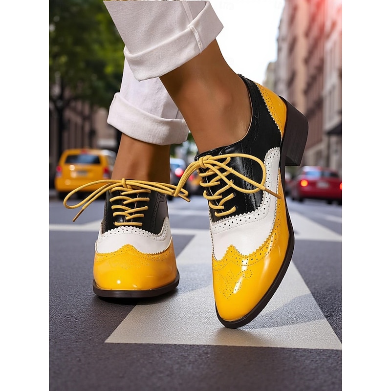 Women's Yellow Patent Leather Oxford Brogues – Colorblock Wingtip Lace-Up Dress Shoes, 1950s Vintage British Style for Office, School and Streetwear2