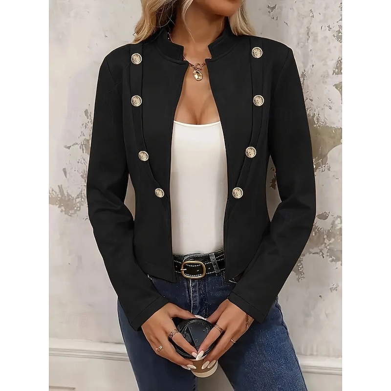 Women's Blazer Comfortable Breathable Buttons Fashion Modern Plain Work Daily Regular Stand Collar Regular Fit Long Sleeve Outerwear Black Spring Fall3