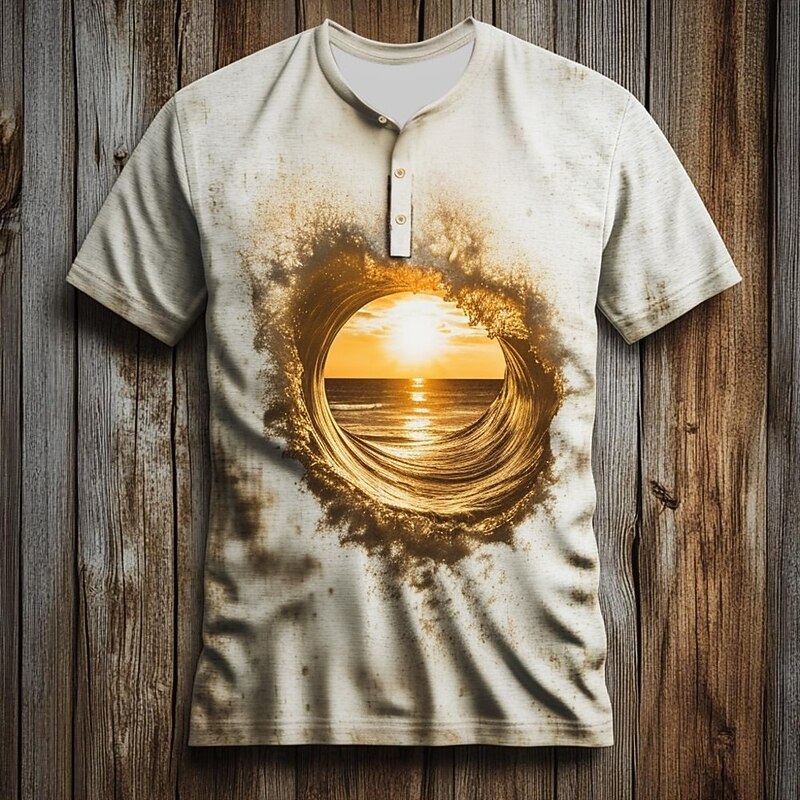 Men's Ocean Sunset T Shirt Henley Shirt Short Sleeve Designer Retro Vintage Graphic Street Casual Daily Summer Spring All Seasons White Henley Henley T-Shirt