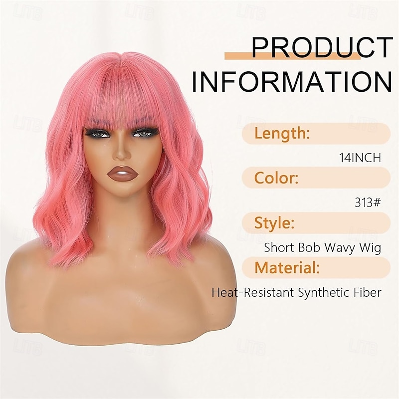 Pink Wigs Short Wavy Hair Pastel Bob Wig with Bangs Shoulder Length Synthetic Hair for Women Girl Colorful Cosplay Wig Synthetic Heat Resistant Fiber for Daily Party Halloween Use3