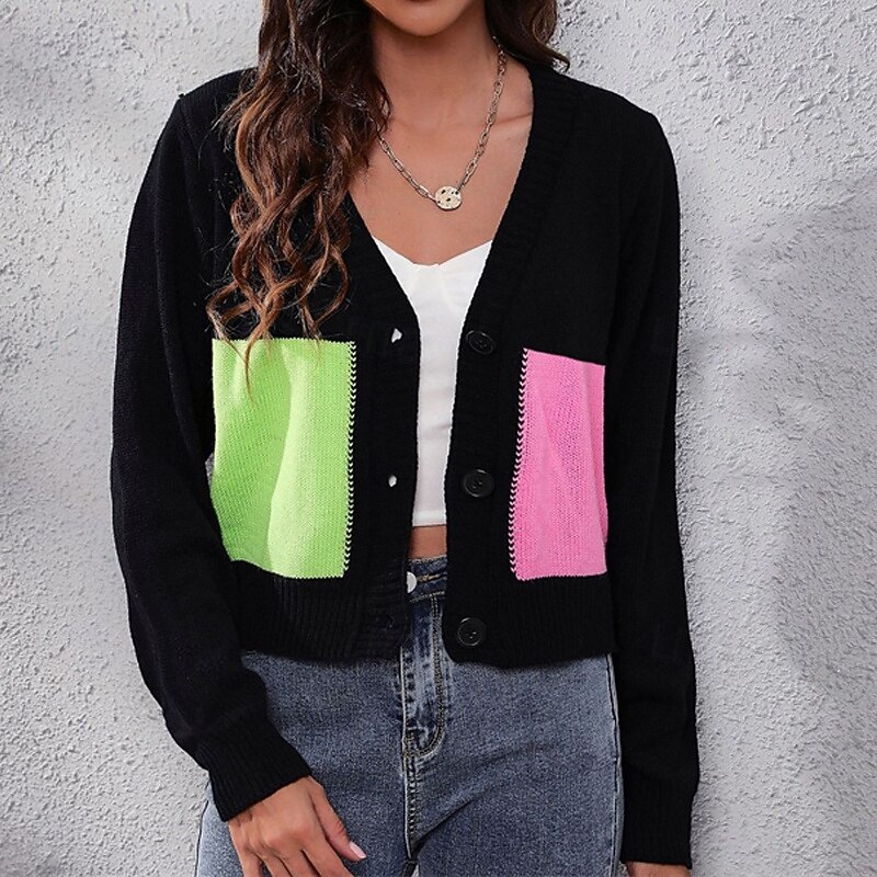 Women's Pullover Casual Color Block Chunky V Neck Knitted Long Sleeve Crop Tops Knit Daily Holiday Going out Pink Blue Fall Winter4