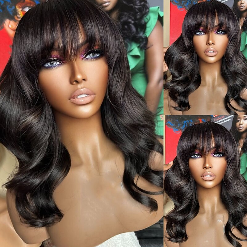 Remy Human Hair 5x5 Closure 13x4 Lace Front Wig With Bangs Brazilian Hair Wavy Black Wig 130% 150% Density with Baby Hair Natural Hairline 100% Virgin Glueless Pre-Plucked For Women Long Human Hair4