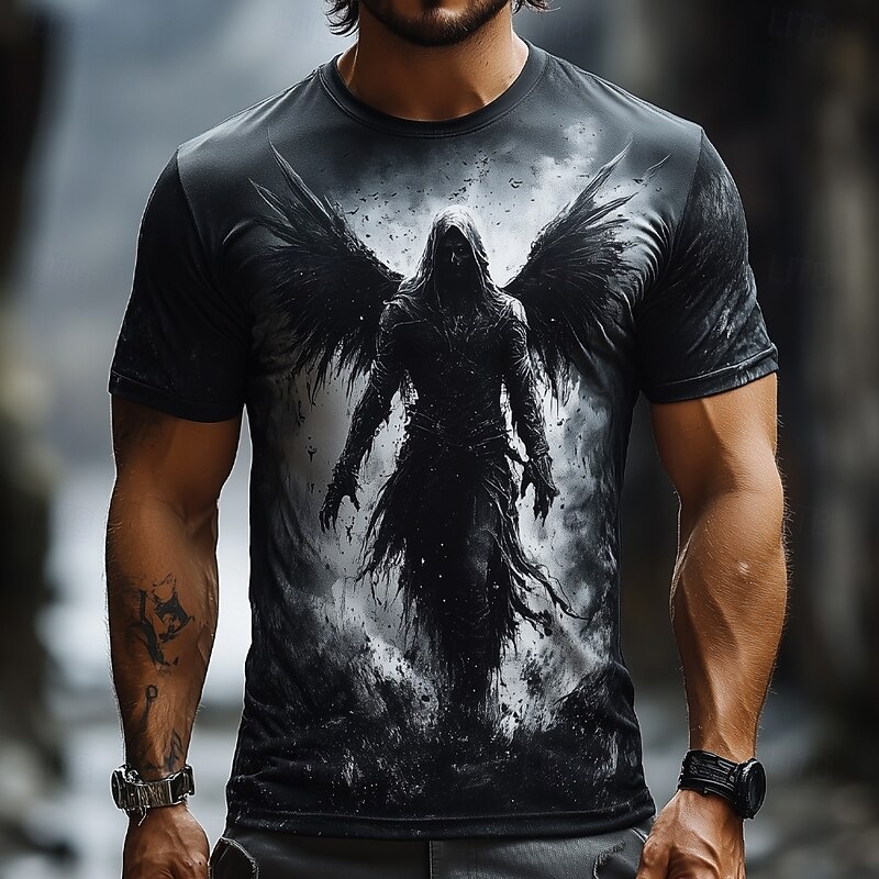 Halloween Men's Grim Reaper Angel Reaper T Shirt Short Sleeve T shirt 3D Print Crew Neck Shirt Exaggerated Designer Horror Party Street Casual Black Red Blue Summer Spring All Seasons Clothing Apparel