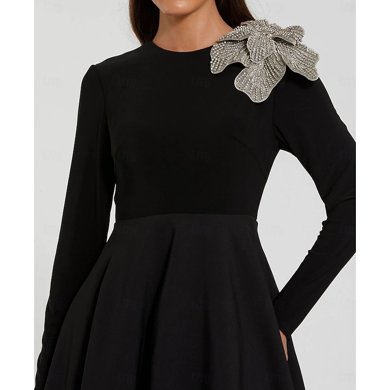 Black Tie A-Line Evening Gown Velvet Stretch Crepe Elegant Dress Formal Wedding Floor Length Long Sleeve Crew Neck  Shoulder Flower with Beading Pocket2