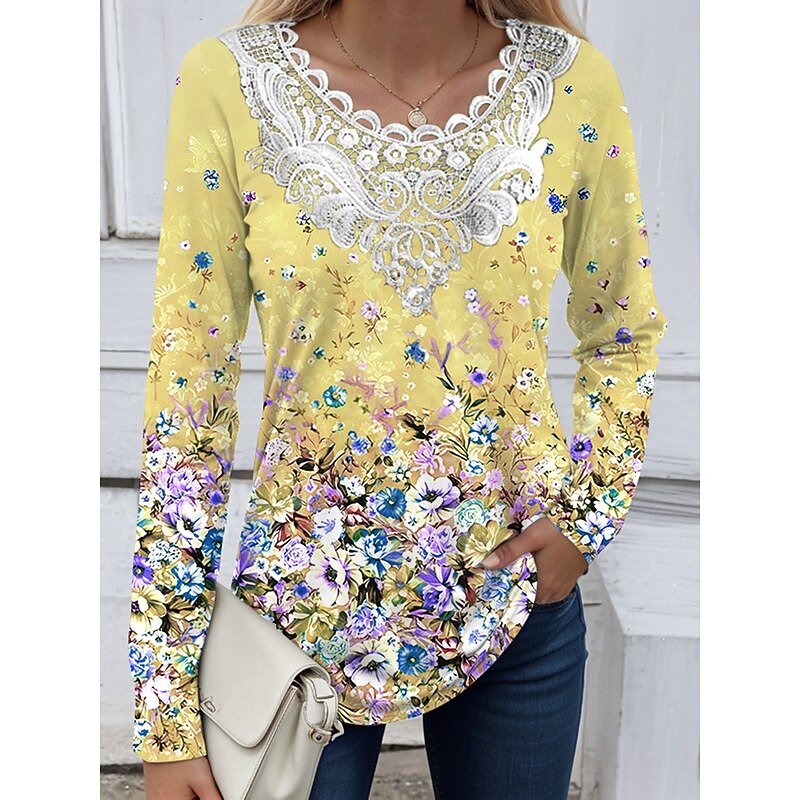 Women's Blouse Tunic Lace Splicing V Neck Long Sleeve T Floral Graphic Round Neck Regular Tops Daily Going out Weekend Lace Patchwork Print Yellow Pink Blue Green Spring Fall4