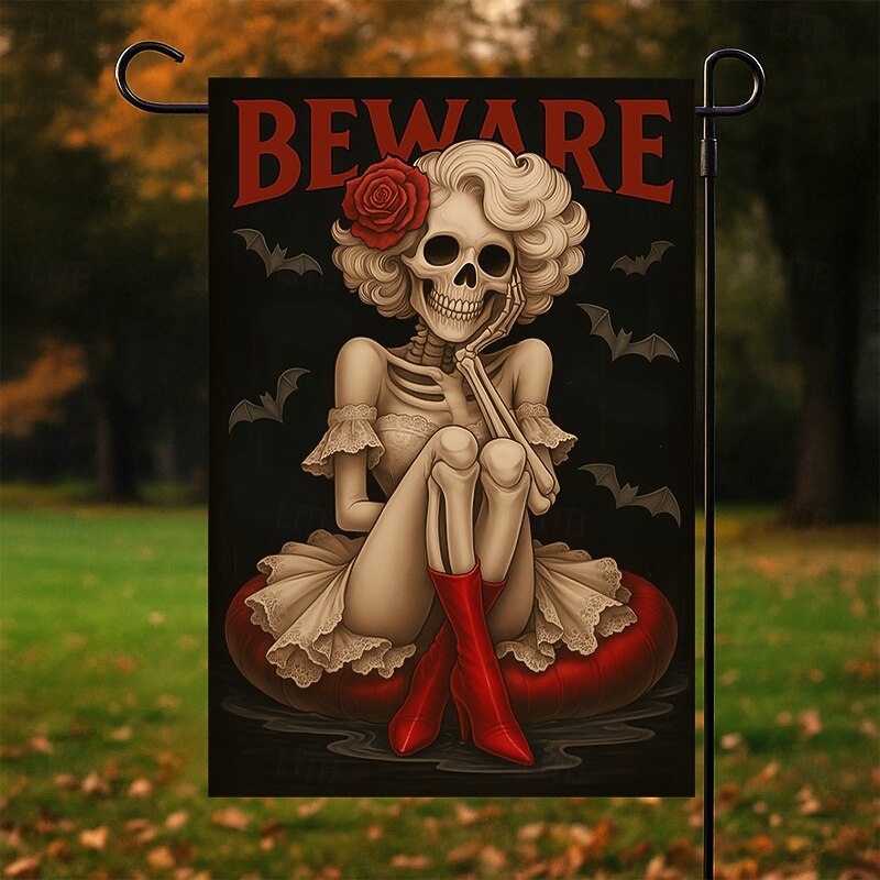 Halloween Garden Flag Banner – "Beware" Skeleton Sitting on Scarecrow Stool, Double-Sided Weather-Resistant Yard Flag for 2025 Halloween Holiday Outdoor Lawn, Porch Decoration3
