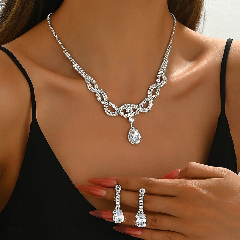 Bridal Jewelry Sets Two-piece Suit Zircon Imitation Diamond 1 Necklace Earrings Women's Fashion Sweet Lovely Hollow Out Love Precious Diamond Water Drop Jewelry Set For Wedding Gift Daily3