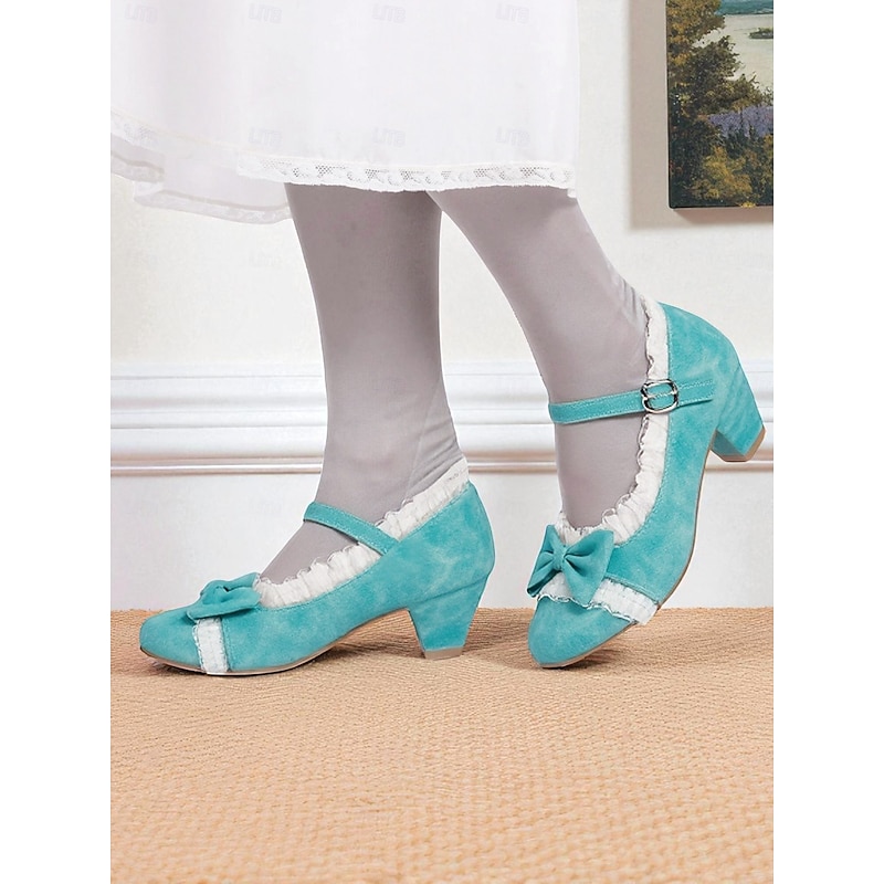 Women's 1950s Vintage Mary Jane Heels - Blue Suede Lolita Dress Shoes with Bows and Lace Trim for Tea Parties, Cosplay, or Retro Fashion4