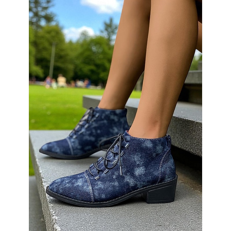 Women's Blue Denim Lace-Up Ankle Boots – Casual Booties with Chunky Heel for Park Strolls, Weekend Outings and Daily Wear2