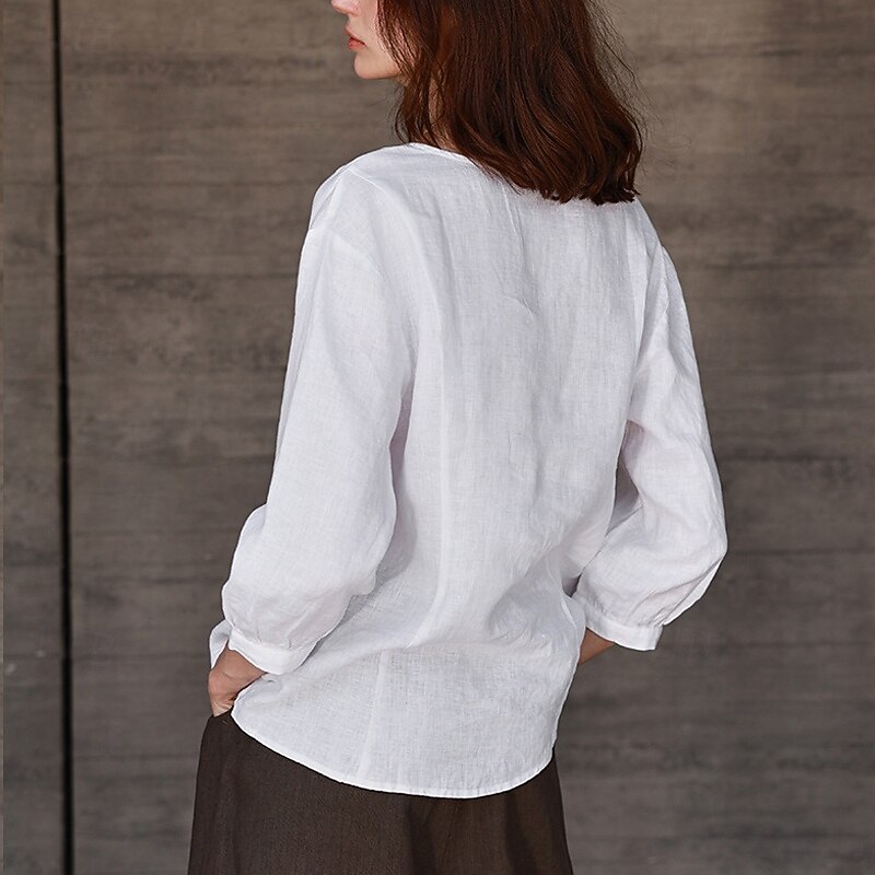 Women's 100% Linen Shirt Solid Color Plain Elegant Vintage Daily 3/4 Length Sleeve V Neck Regular Tops Work Daily Holiday Hemp White Summer Spring Fall2