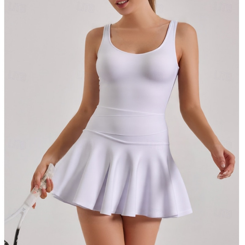 Women's Patchwork Solid Colored Tennis Dress Tennis Skirts with Shorts 1 PC Sleeveless Sporty Reduces Chafing High Elasticity Professional Tennis Running Fitness Strap U Neck Skirt Dress Black White