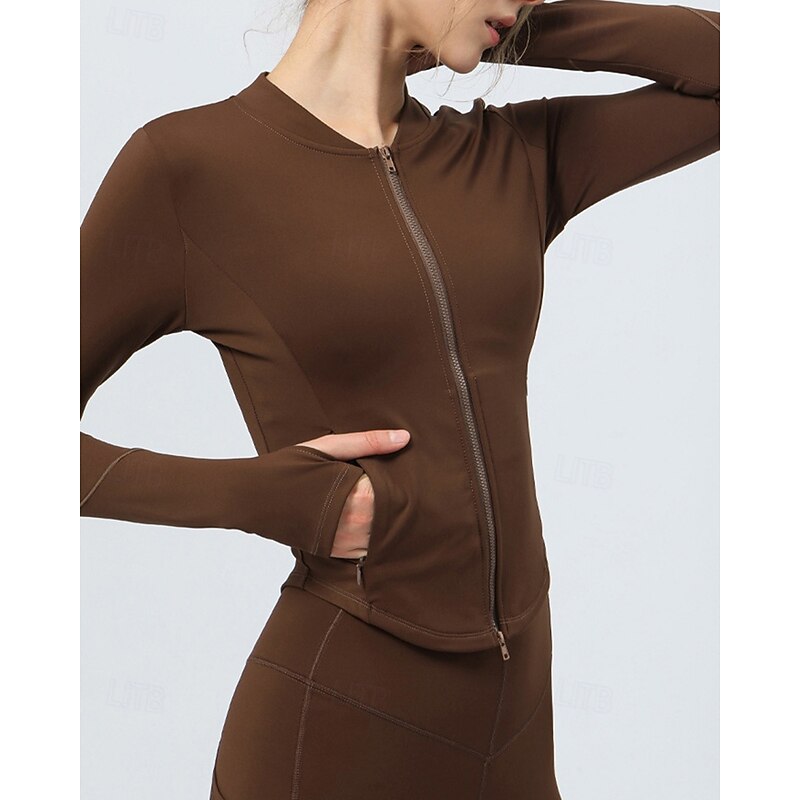 Women's Workout Jackets Fleece Jacket Pockets Thumb Holes Long Sleeve Top Athleisure Solid Colored Windproof Lightweight Warm Athletic Sports Track Sportswear Activewear Black Pink Coffee4