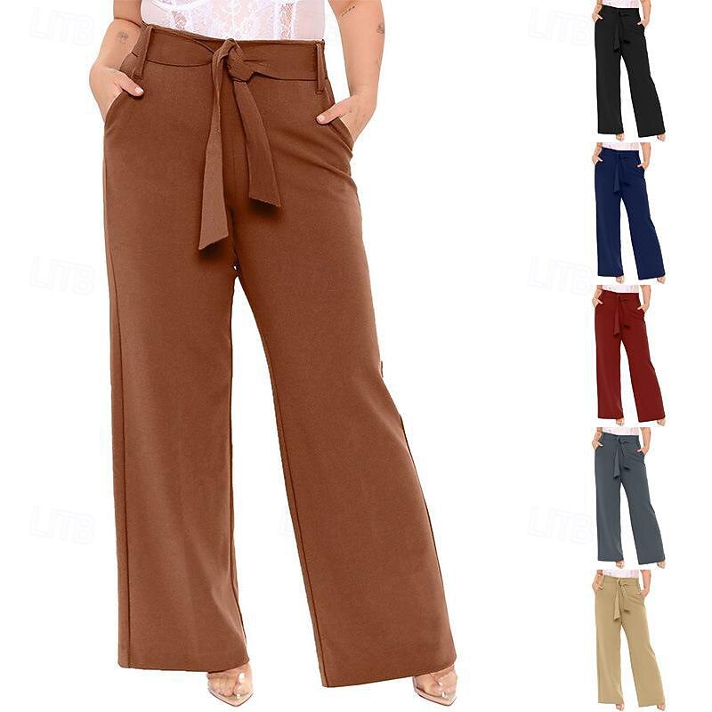 Women's Wide Leg Slacks Streetwear Casual Full Length Natural Plain Pocket Elastic Waist Comfortable Street Daily Wear Weekend claret Grey Brown Fall Regular Fit