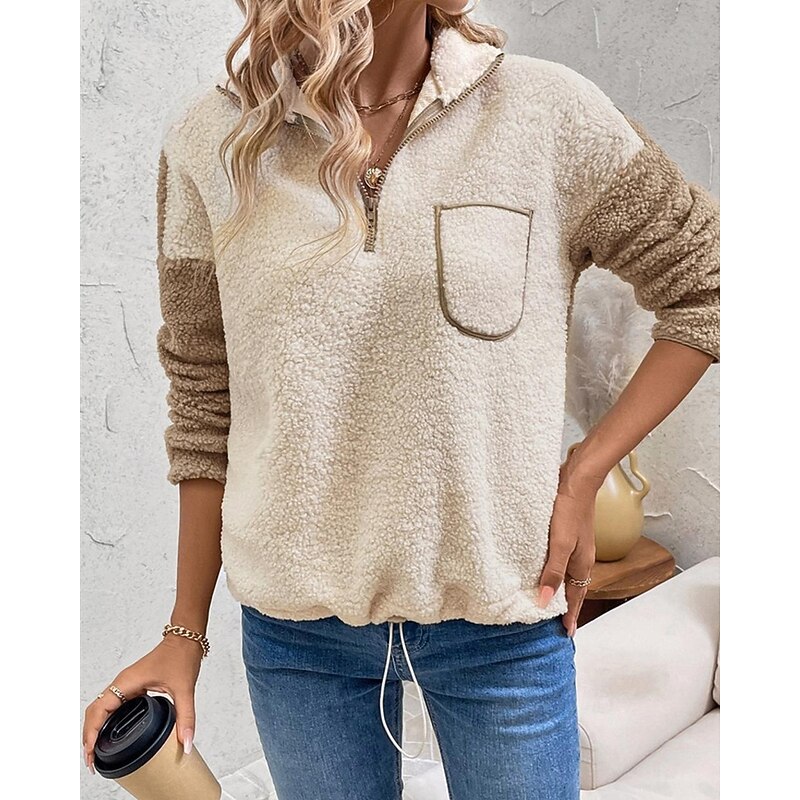 Women's Sweatshirts Zip Up Sweatshirts Color Block Streetwear Casual Sherpa Fleece Long Sleeve High Neck Regular Tops Street Holiday Going out Half Zipper Quarter Zipper Quarter Zip Khaki Winter4