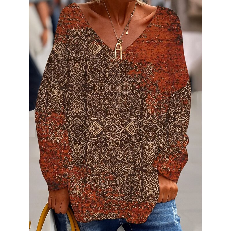 Women's Blouse Floral Bohemia Vintage Long Sleeve V Neck Regular Tops Daily Holiday Print White Wine Red Green Summer Spring Fall2
