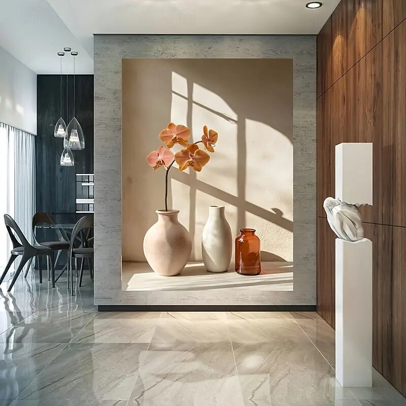 A Modern Vase And Orchid Canvas Wall Art - Frameless Plant Printing Poster Home Decoration Elegant Flowers And Flowerpot Still Life Suitable For Bedroom Living Room And Office Decoration White F3