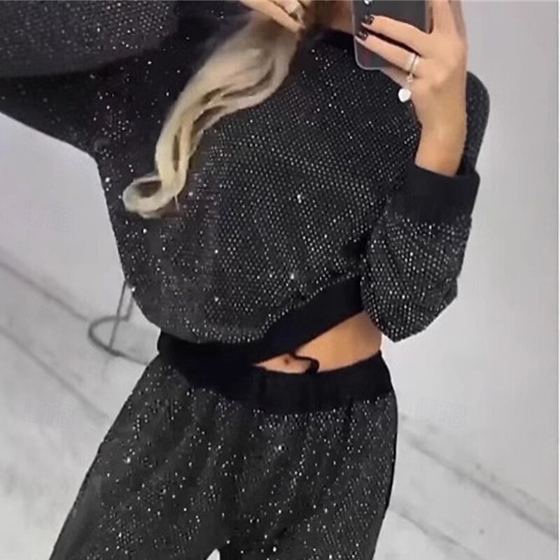 Women's Fashion Streetwear Pants Sets Long Sleeve Crew Neck Plain Sequins Daily Wear Date Black Summer Regular Fit2