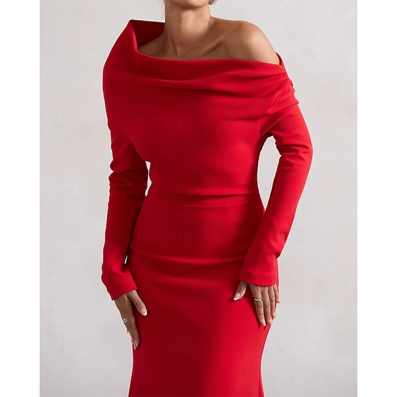 Cape Dress Mermaid / Trumpet Cocktail Dresses Elegant Dress Formal Wedding Asymmetrical Hem Gathered Long Sleeve Off Shoulder Stretch Crepe with Ruched Details2
