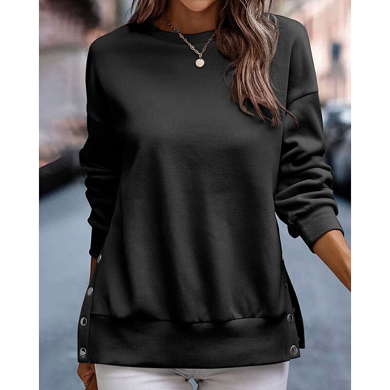Women's Pullover Sweatshirt Sweatshirts Plain Streetwear Casual Long Sleeve Crew Neck Regular Tops Home Street Holiday Buttons Black White Light Blue Fall Winter4
