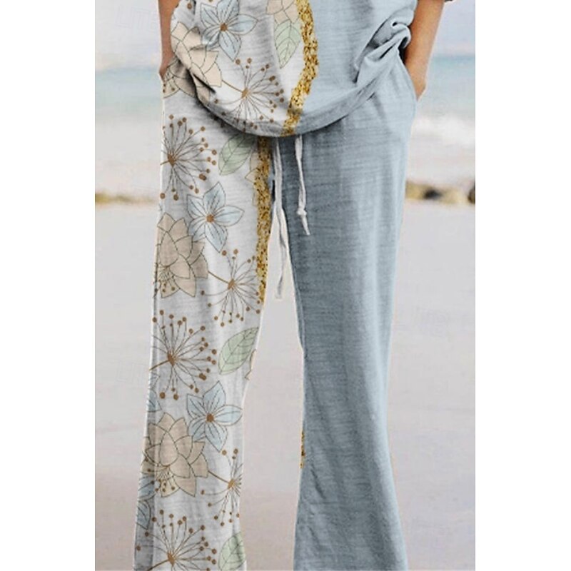 Women's Active Fashion Pants Sets 3/4 Length Sleeve Crew Neck Floral Print Vacation Daily Holiday Blue Summer Regular Fit2