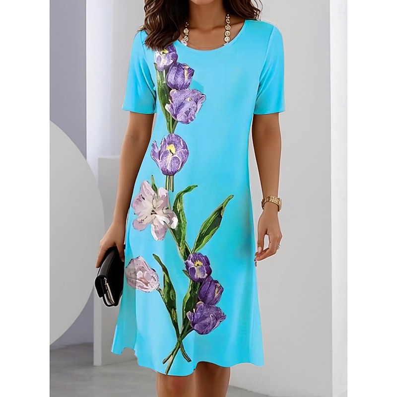 Women's Elegant Party Evening Midi Dress Crew Neck Short Sleeve A Line Dress Summer Dress Casual Daily Regular Fit Floral Graphic White Pink Blue Orange Summer Spring2