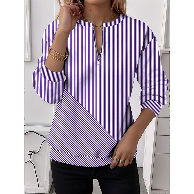 Women's Zip Up Sweatshirts Graphic Striped Casual Long Sleeve Crew Neck Regular Tops Street Dailywear Half Zip Print Yellow Red Blue Purple Green Spring Fall Winter4