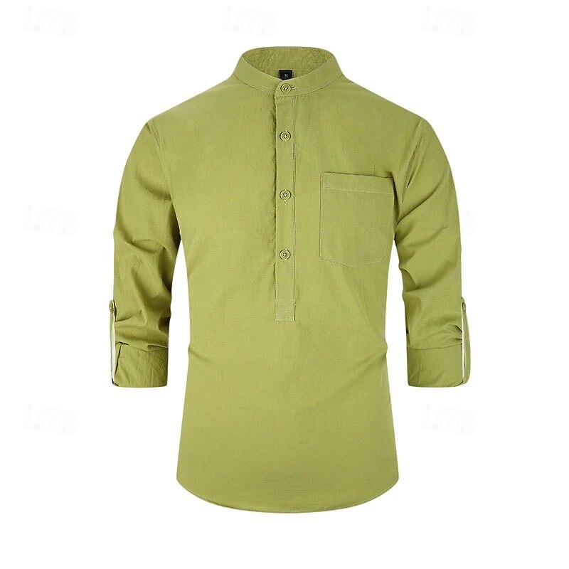 Men's 100% Cotton Shirt Black White Yellow Red Dark Navy Long Sleeve Plain Grandad Collar School Formal Clothing Apparel Minimalist4