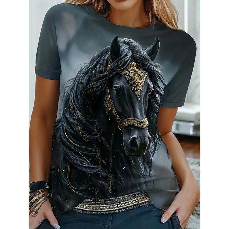 Women's T Shirt Graphic Animal Horse Vintage Fashion Stylish Short Sleeve Crew Neck Round Neck Regular Tops Daily Weekend Print Light Brown Blue Dusty Blue Summer Spring