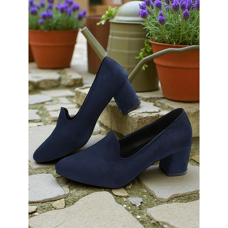 Women's Blue Block Heel Shoes– Elegant Faux Suede Pumps for Semi-Formal Gatherings, Cottage Garden Parties and Church Sundays4