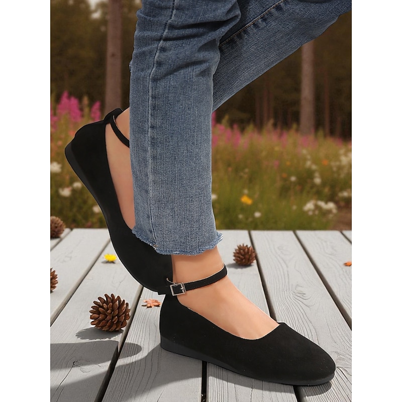 Women's Black Ankle Strap Faux Suede Flats – Elegant Casual Ballet Shoes for Office, Daily Walks & Fall Outfits2