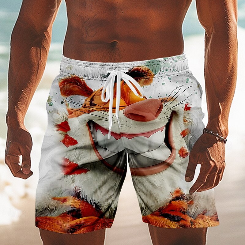 Men's Animal Cartoon Tiger Swim Trunks Swim Shorts Board Shorts Mid Waist Funny Outdoor Vacation Dailywear Side Pockets Mesh Lining Elastic Drawstring Waist Designer Clothing Apparel