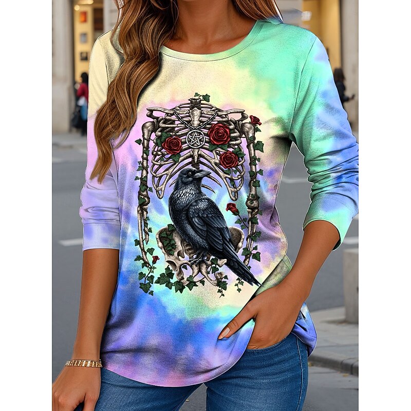 By Sarah Richter Halloween Women's T Shirt Skulls Crew Neck Long Sleeve Tunic Graphic Tie Dye Vintage Stylish Classic  Regular Tops Daily Print Pink Purple Green Fall4