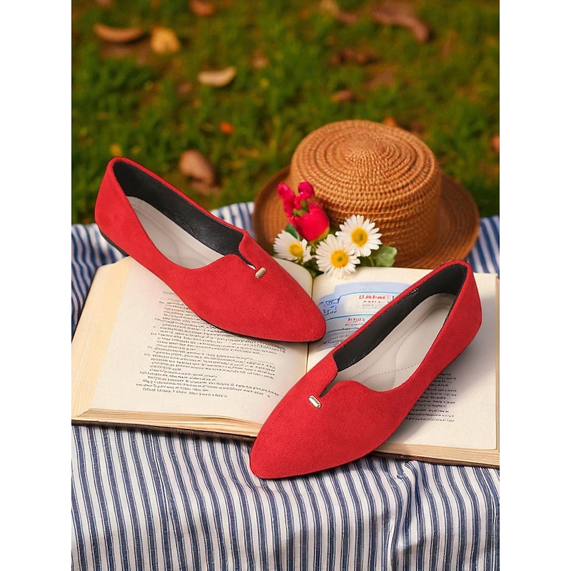 Women's Red Pointed Toe Faux Suede Flats – Comfy Picnic Shoes for Fall Afternoons, Lawn Reading and Outdoor Coffee Dates