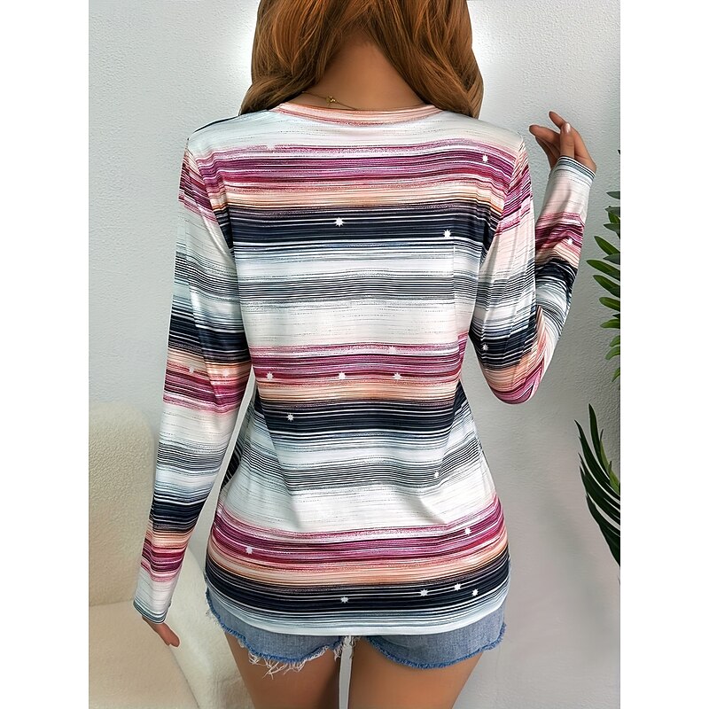 Women's T shirt Crew Neck Long Sleeve Tunic Graphic Geometric Color Block Vintage Stylish Classic  Round Neck Regular Tops Daily Print Purple Fall2