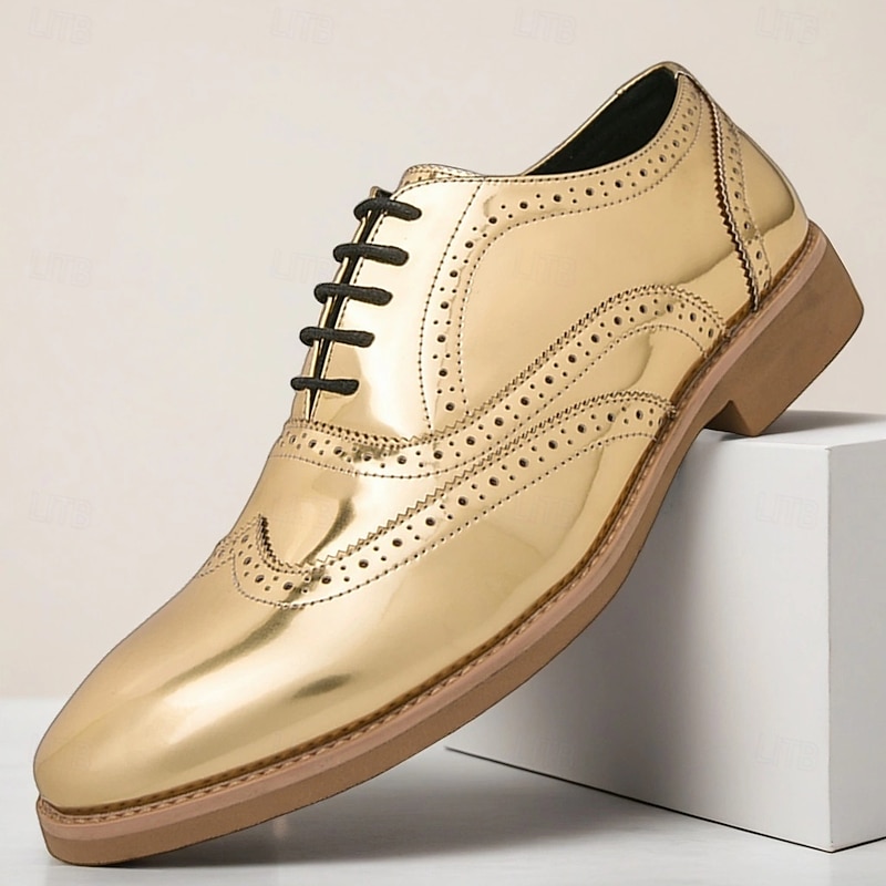 Men's Shiny Gold Oxford Dress Shoes – Wingtip Brogue Style Formal Shoes for Weddings, Parties & Stage Performance