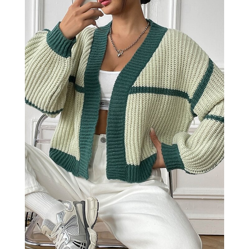 Women's Cardigan Fashion Color Block Ribbed Cowl Patchwork Knitted Long Sleeve Regular Tops Knit Holiday Going out Weekend Black Pink Fall2