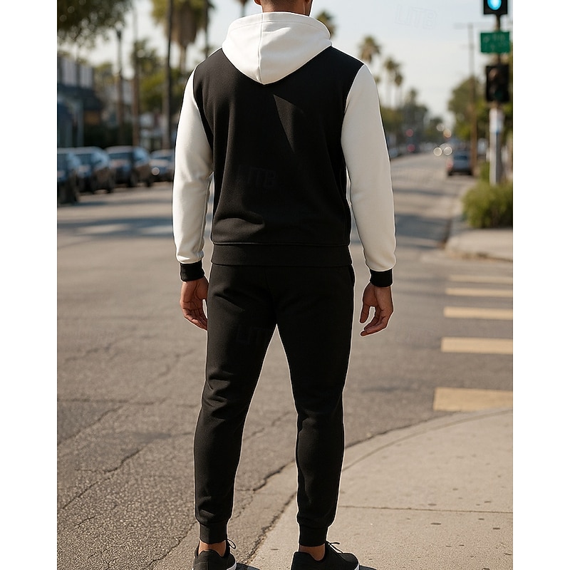 Men's Tracksuit Sweatpants Hooded Jacket Hooded Zipper Pocket Color Block Clothing Suit Fall & Winter White Army Green Gym Training Running Windproof Long Sleeve Sport Activewear Micro-elastic2