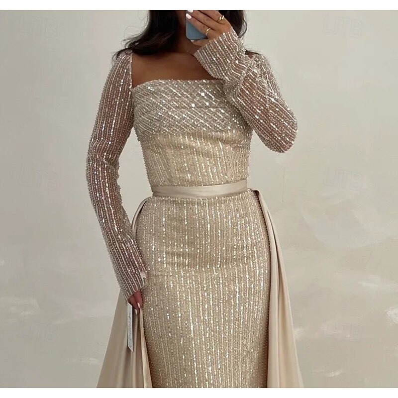 A-Line Evening Gown Elegant Dress Formal Wedding Guest Floor Length Long Sleeve Square NeckMother Of the Bride Dress Satin with Glitter Slit2