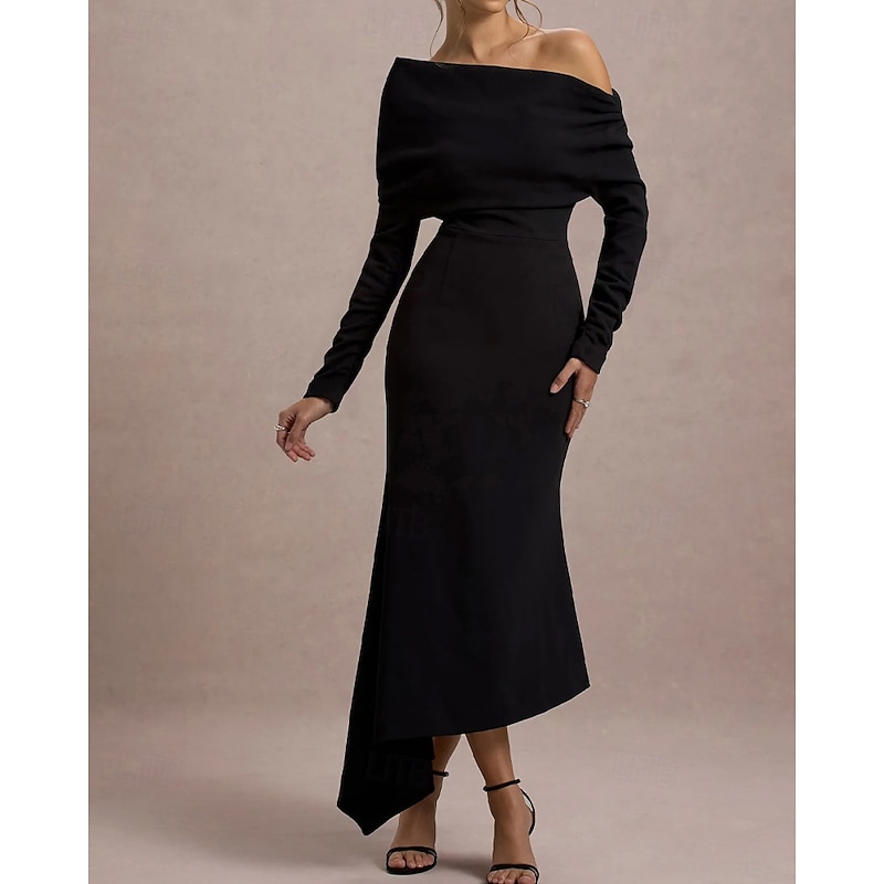 Cape Dress Mermaid / Trumpet Cocktail Dresses Elegant Dress Formal Wedding Asymmetrical Hem Gathered Long Sleeve Off Shoulder Stretch Crepe with Ruched Details4