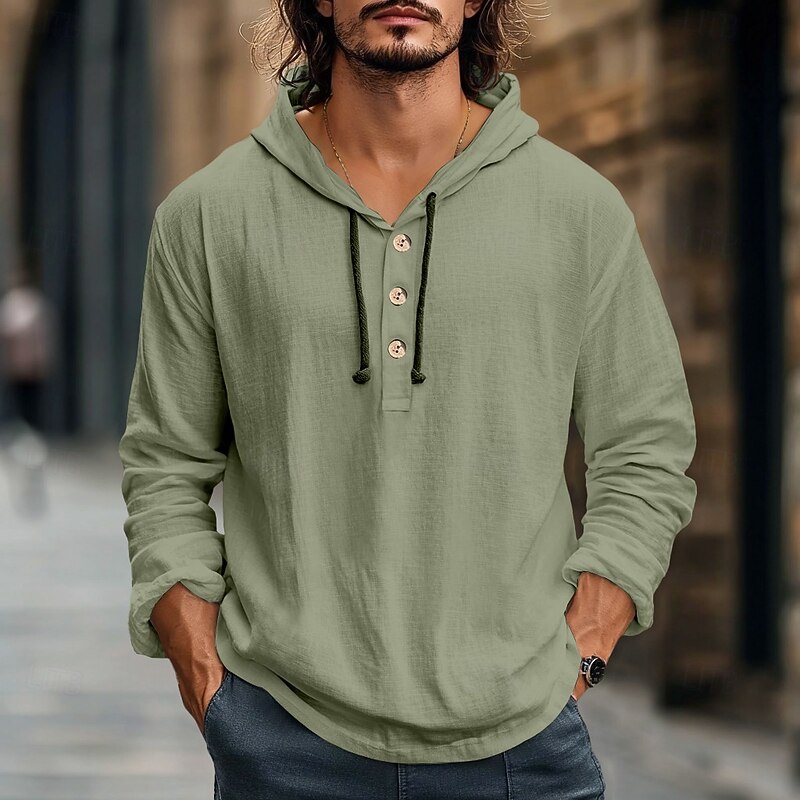 Men's Shirt Linen Shirt Beach Wear Button Up Shirt Hooded Shirt Plain Vacation Casual White Blue Army Green Gray Long Sleeve Hooded Summer Spring Clothing Apparel Buttons2