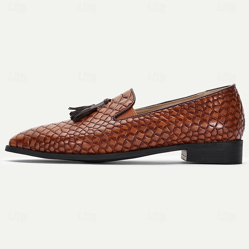 Men's Tan Faux Leather Woven Tassel Loafers – Vintage Slip-on Design for Stylish Gentlemen, Banquets and Summer Weddings3