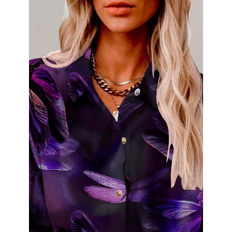Women's Shirt Dragonfly Active Daily Stylish Long Sleeve Shirt Collar Regular Tops Daily Holiday Buttons Print Purple Summer Spring Fall3