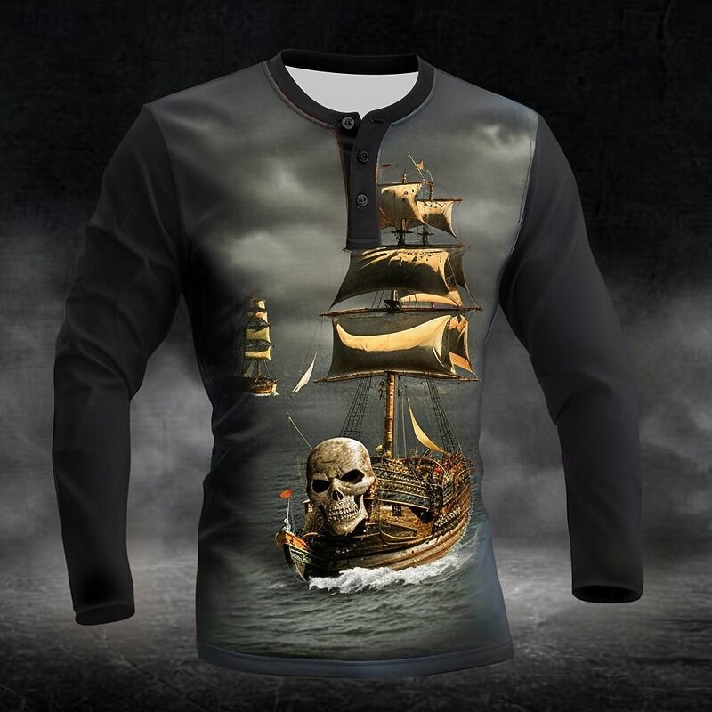 Men's Halloween Graphic Skull Henley Shirt Long Sleeve Fashion Cute Daily Casual Holiday Going out Fall Spring &  Fall Black Henley Henley T-Shirt