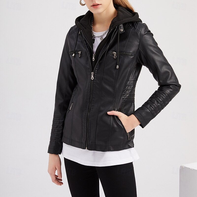 Women's Faux Leather Jacket Comfortable Pocket Full Zip Fashion Street Style Plain Outdoor Casual Daily Regular Hooded Regular Fit Long Sleeve Outerwear Black White Red Spring Fall4