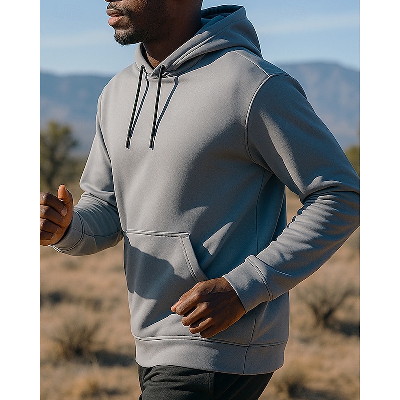 Men's Hoodie Sweatshirt Running Top Drawstring Pocket Long Sleeve Top Athleisure Fall Solid Colored Moisture Wicking Breathable Basketball Football Running Sportswear Activewear Black Gray3