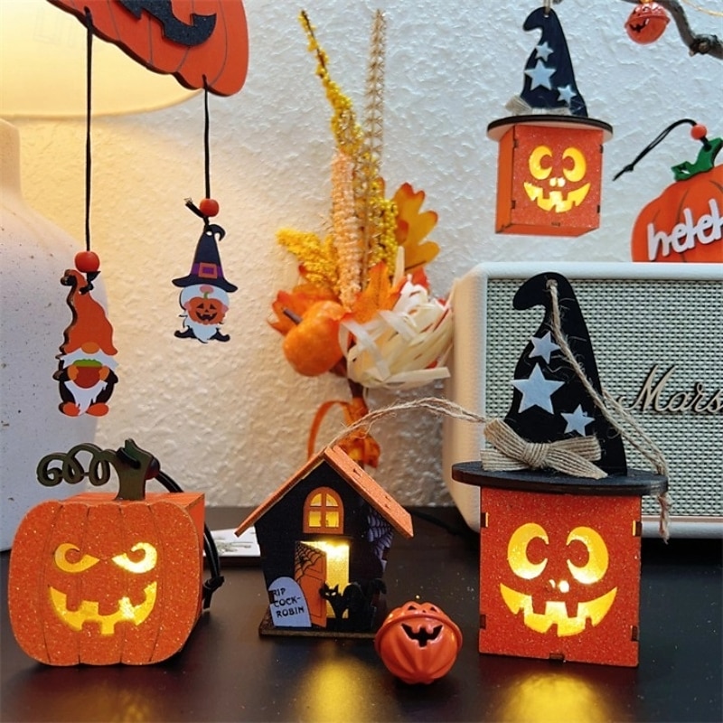Halloween Decor, Pumpkin Wooden Block, Ghost Tabletop Decorative Sign and Centerpieces - Black and Orange for Home Party Table Shelf Office