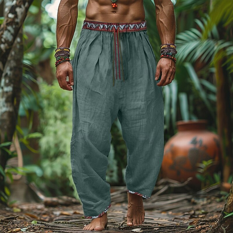 Men's Linen Pants Trousers Summer Pants Beach Pants Patchwork Drawstring Straight Leg Plain Comfort Breathable Full Length Outdoor Casual Daily Retro Vintage Bohemian Green