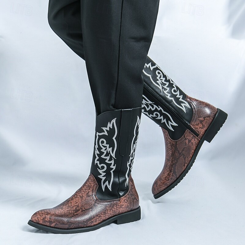 Men's Boots Cowboy Boots Retro Snakeskin Shoes Walking Vintage Casual PU Leather Comfortable Slip Resistant Warm Mid-Calf Boots Loafer Brown Black / Pink4