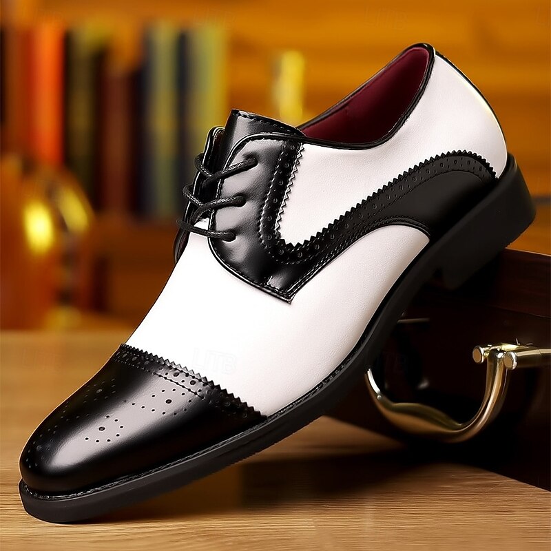 Men's Black and White Color-Blocked Dress Shoes with Perforated Detailing Stylish Formal Footwear for Business Meetings Weddings and Evening Dinners
