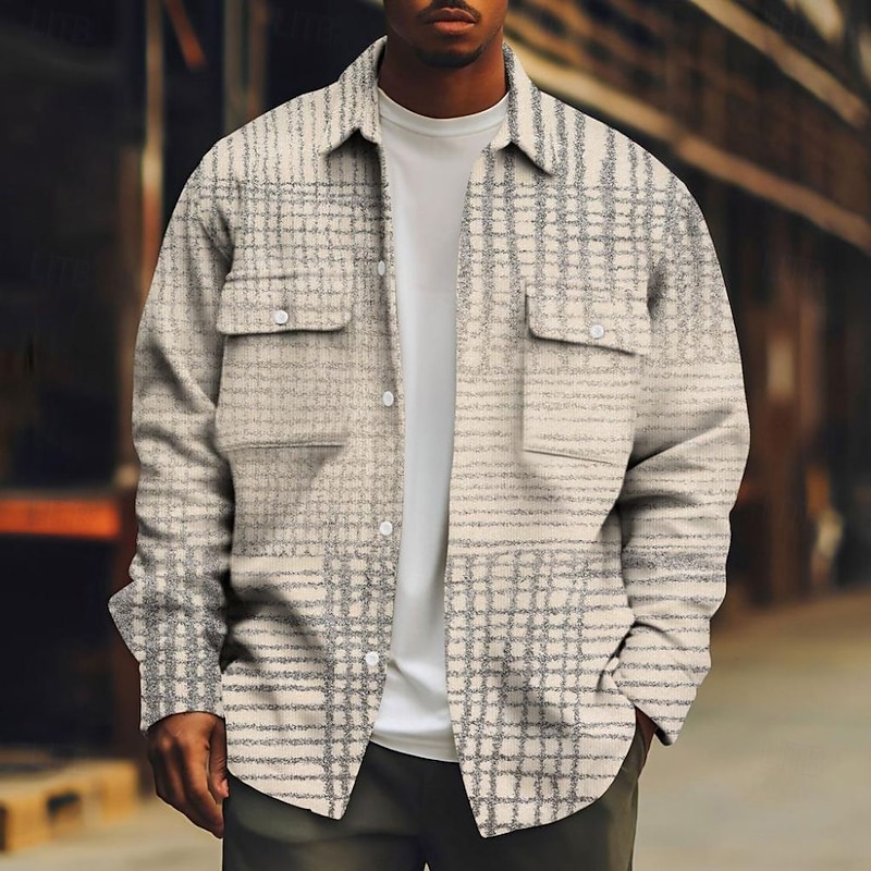 Men's Color Block Gradient Patchwork Corduroy Shirt Shacket Shirt Jacket Long Sleeve Casual Outdoor Dailywear Fall Winter Turndown Button-Down Jacket with Flap Pockets Black Pink Khaki Light Grey Gray3